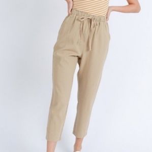Khaki Linen Relaxed Elastic Waist Crop Pants